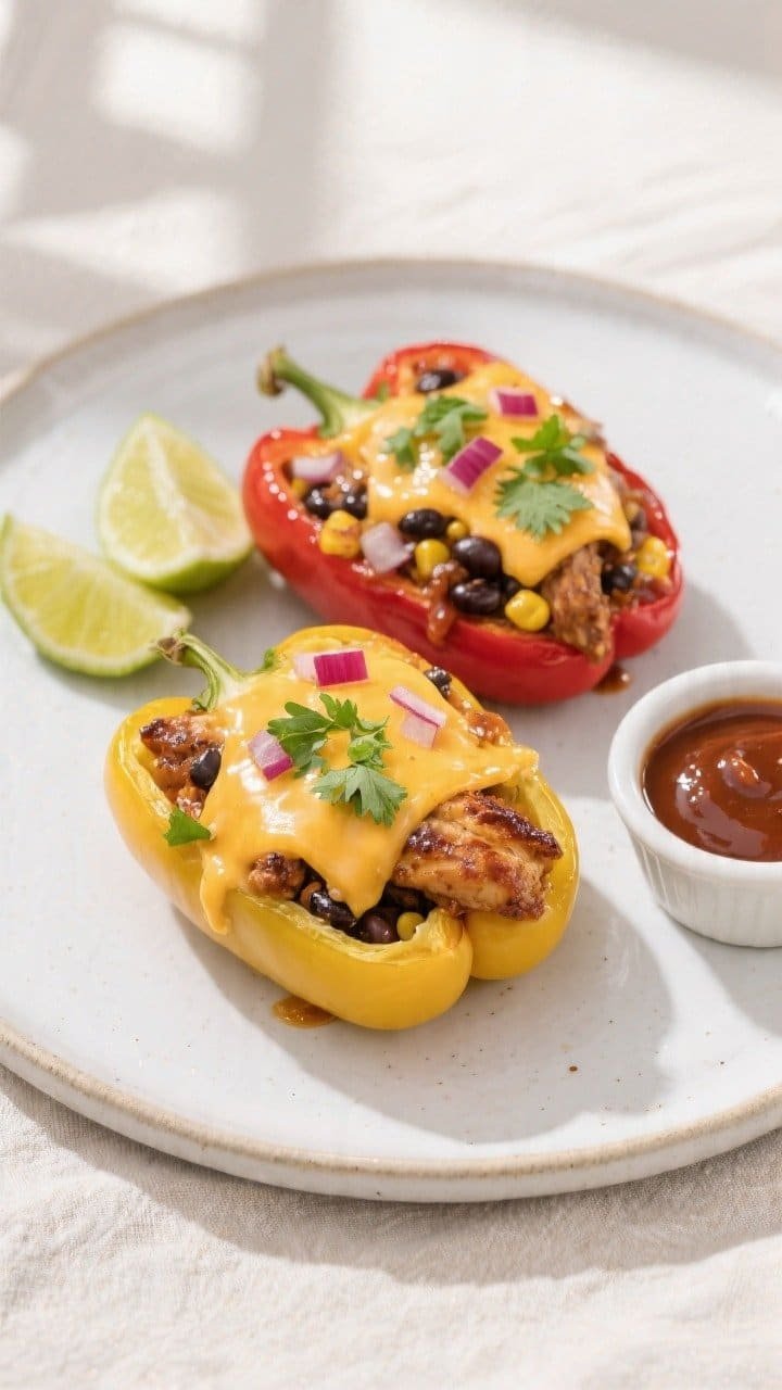 Final plated overhead: Two BBQ chicken stuffed pepper halves (one red, one yellow) on a matte white 