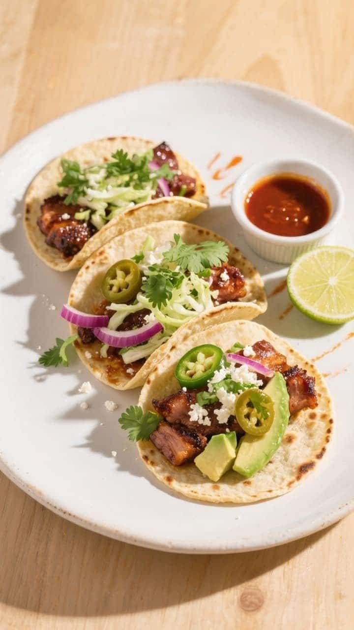 Final plated tacos, top-down: Overhead shot of three small corn tortillas filled with BBQ pork (lacq