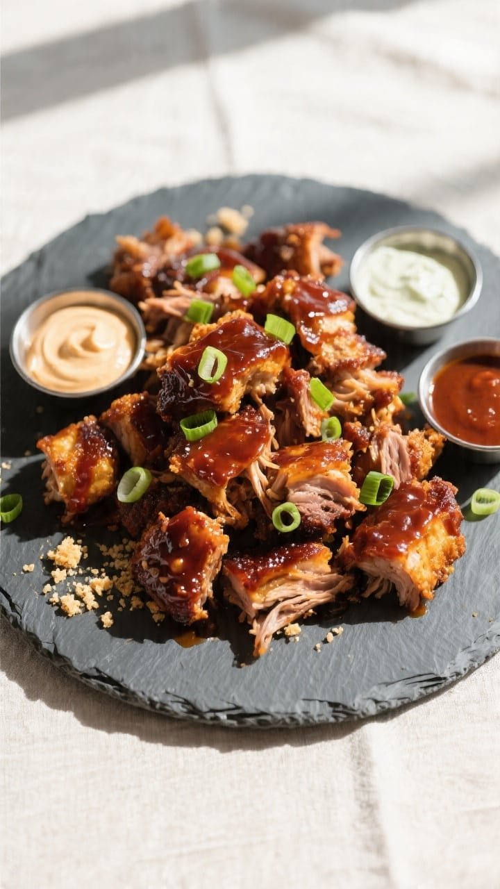 Final plated, tasty top view: Overhead shot of a matte slate platter piled with crispy BBQ pulled po