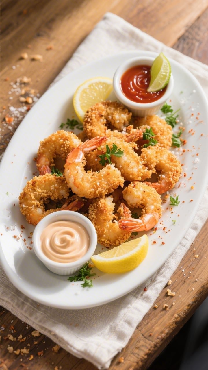 Final plated, tasty top view: Overhead shot of a platter of crispy air-fried shrimp, deeply golden w