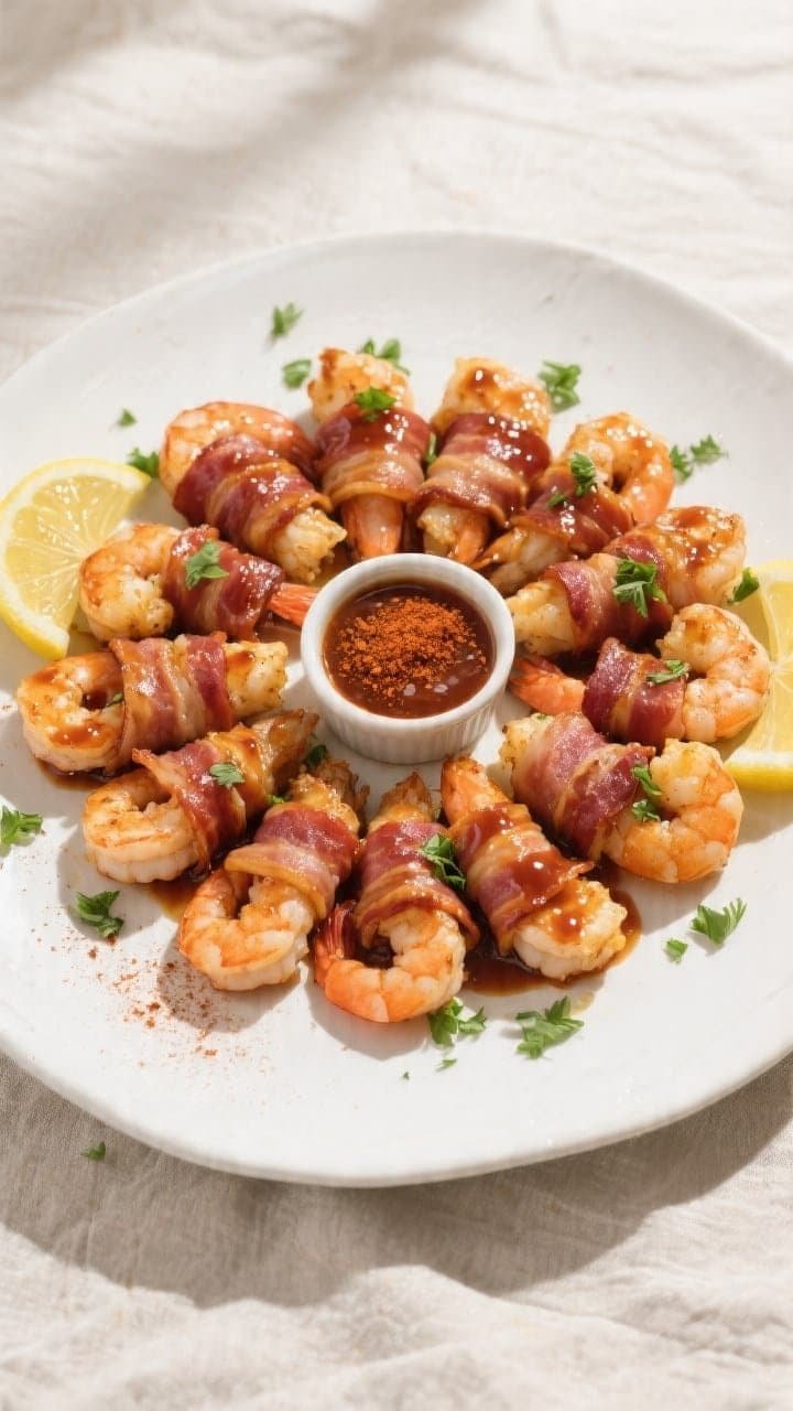 Final plated, tasty top view: Overhead shot of Air Fryer BBQ Bacon Wrapped Shrimp arranged in a radi