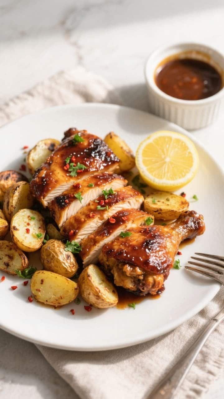 Final plated, tasty top view: Overhead shot of Air Fryer BBQ Chicken and Potatoes plated on a wide w