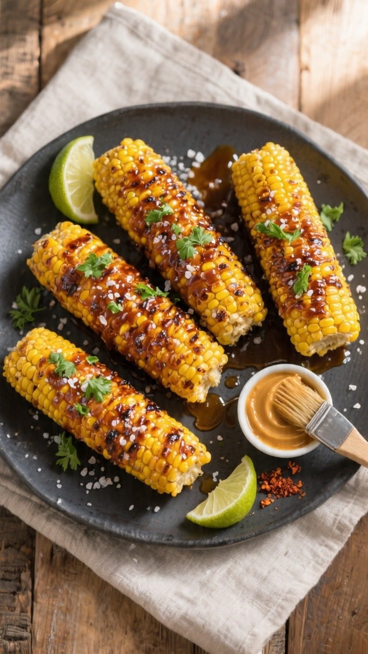 Final plated, tasty top view: Overhead shot of four glistening BBQ corn cobs on a matte charcoal pla