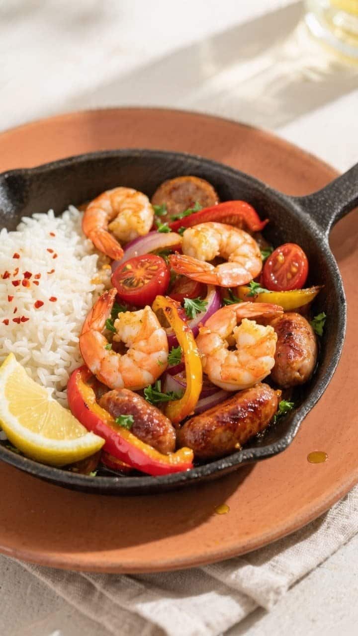 Final plated, tasty top view: Overhead shot of Shrimp and Sausage Skillet plated on a warm-toned cer