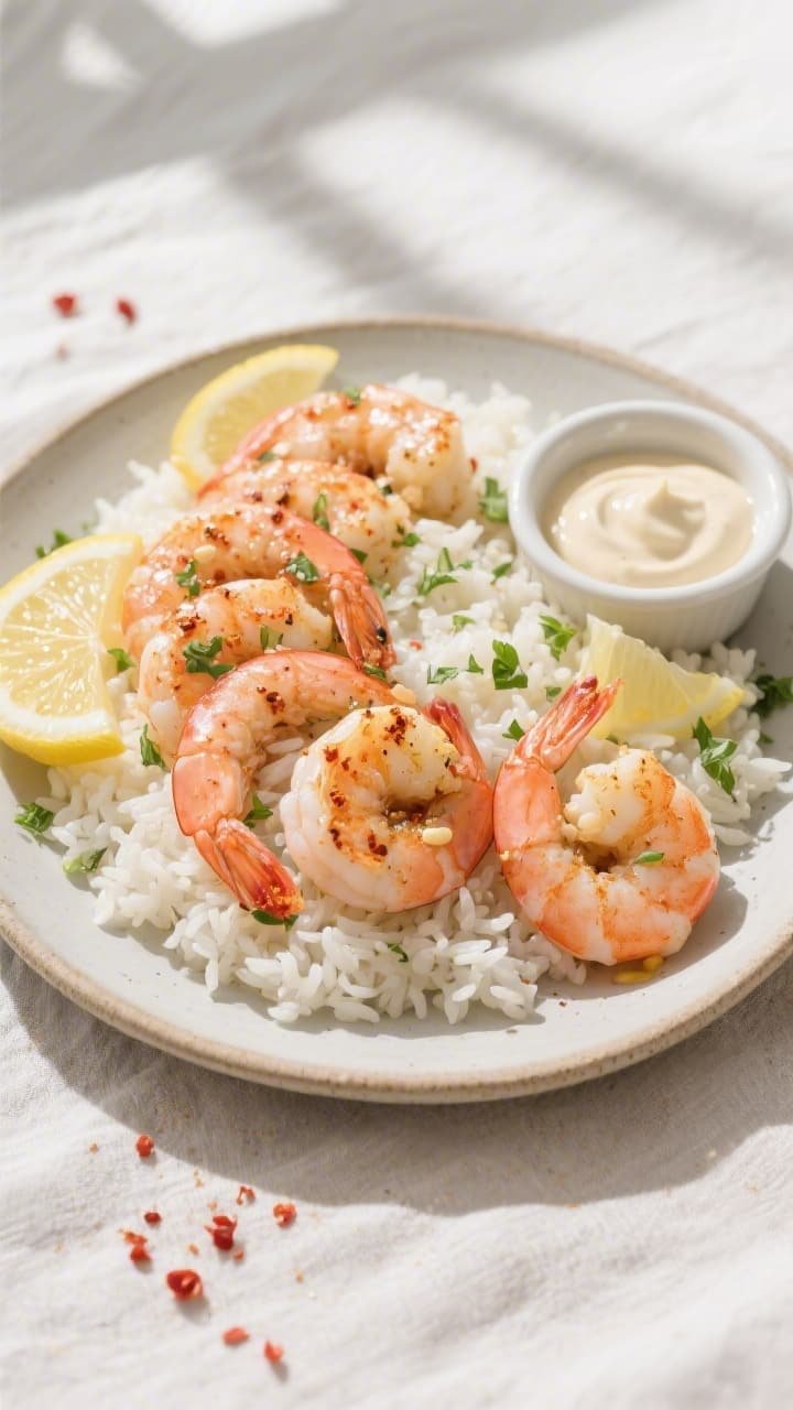 Final plated, tasty top view: Overhead shot of Simple Seasoned Shrimp plated over fluffy white rice 