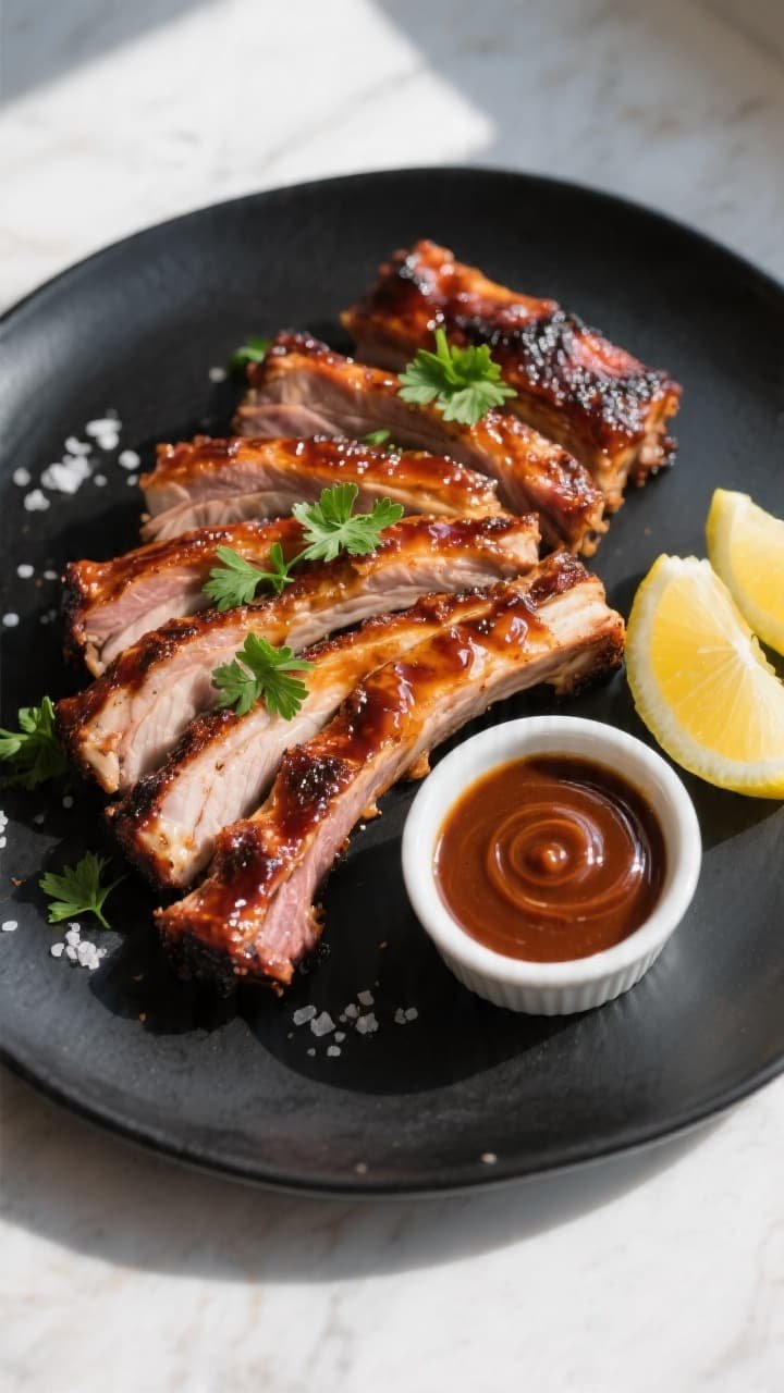 Final plated, tasty top view: Overhead shot of sliced air fryer BBQ pork ribs arranged in a neat fan