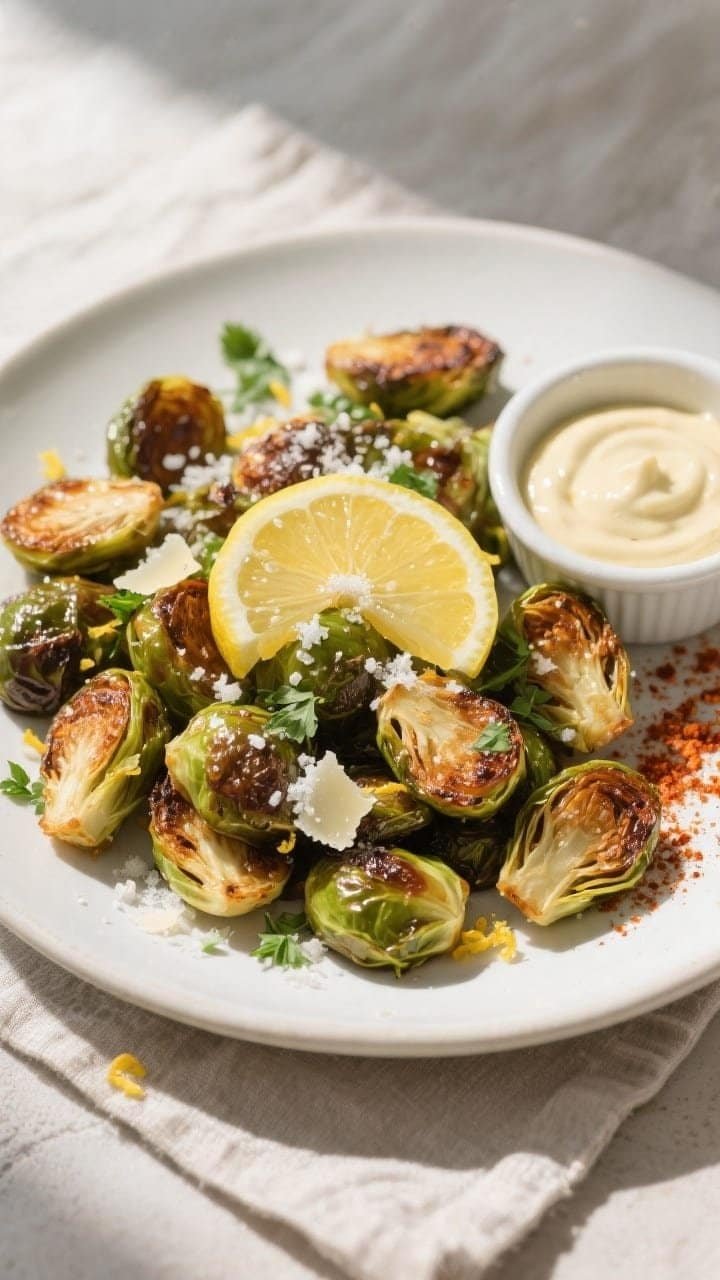 Final plated, tasty top view: Overhead shot of the finished crispy Brussels sprouts piled in a matte