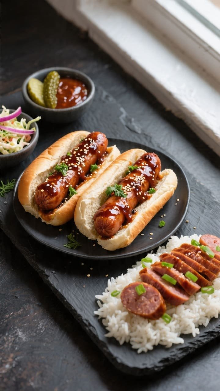Final plated top-down: Overhead shot of BBQ-glazed sausage sandwiches in toasted buns, sausages slic