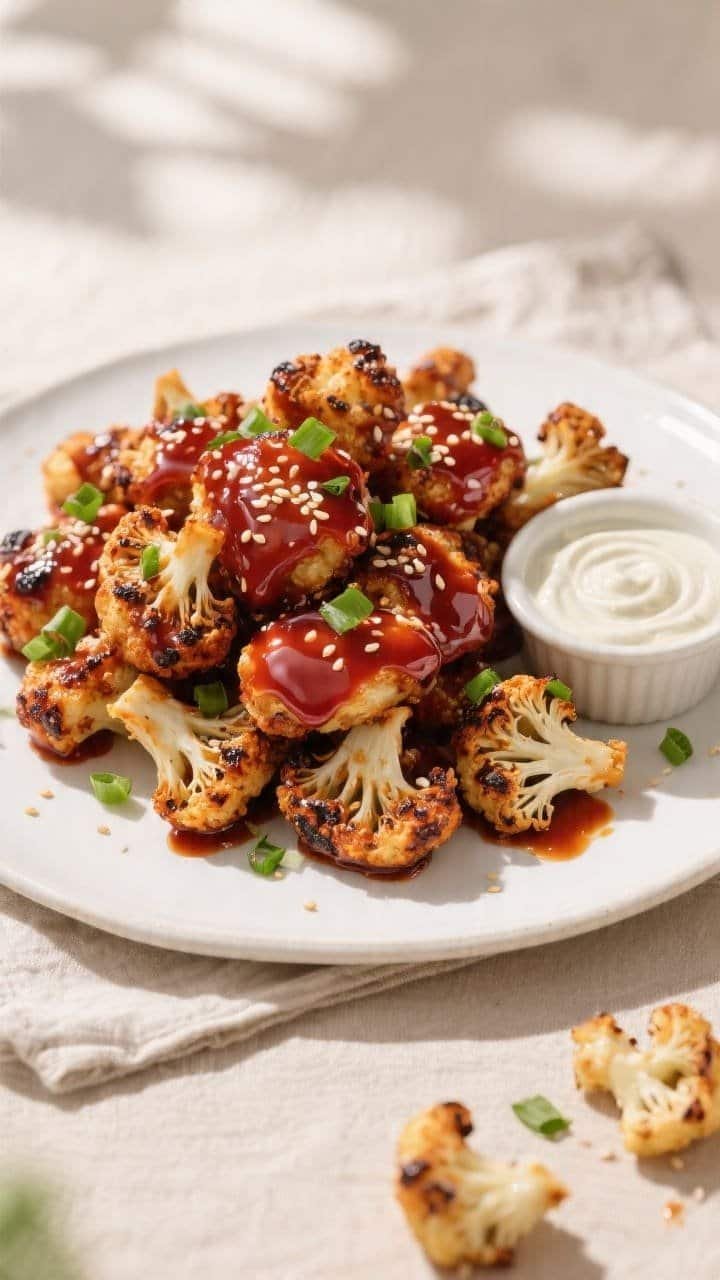 Final plated top-down shot: Overhead view of Air Fryer BBQ Cauliflower Bites piled high on a white c