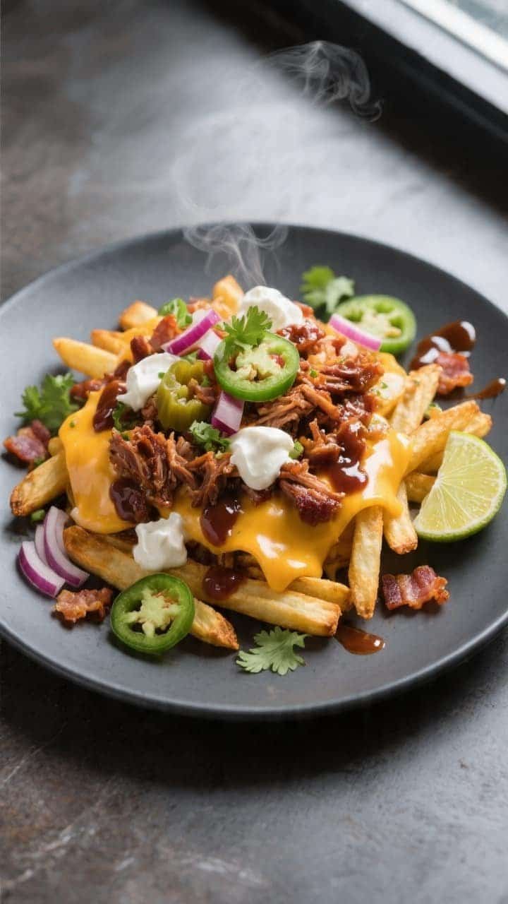 Final platter overhead: Air Fryer BBQ Loaded Fries arranged on a matte charcoal platter, top-down sh