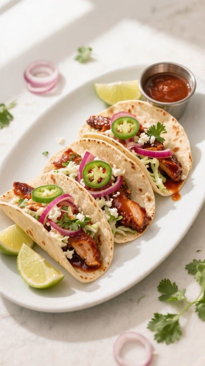 Final taco presentation overhead: Top-down shot of 3 street-size tortillas filled with chopped BBQ c