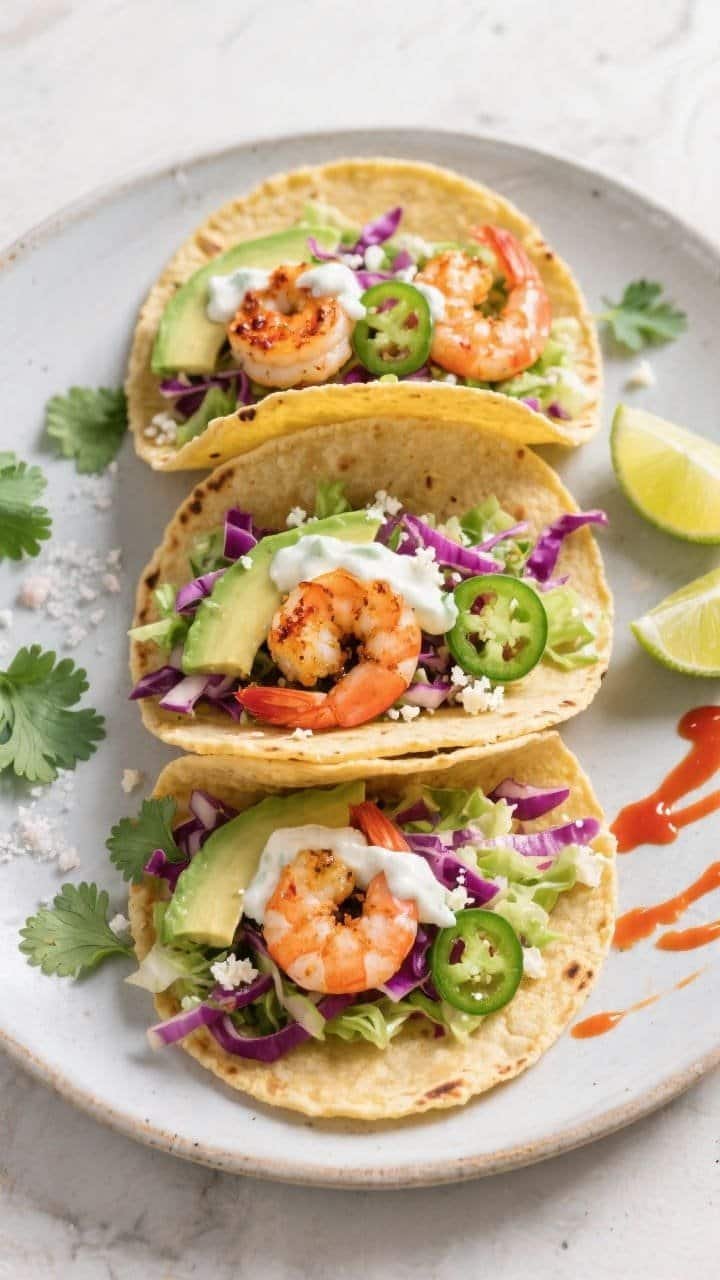 Final taco presentation top view: Overhead shot of 3 assembled air fryer shrimp tacos on a matte cer