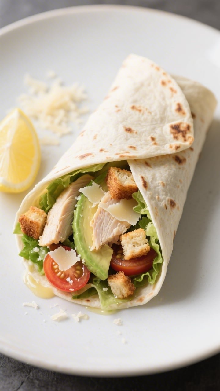 Final wrap top view: Overhead shot of a Chicken Caesar wrap sliced on the diagonal, halves slightly 