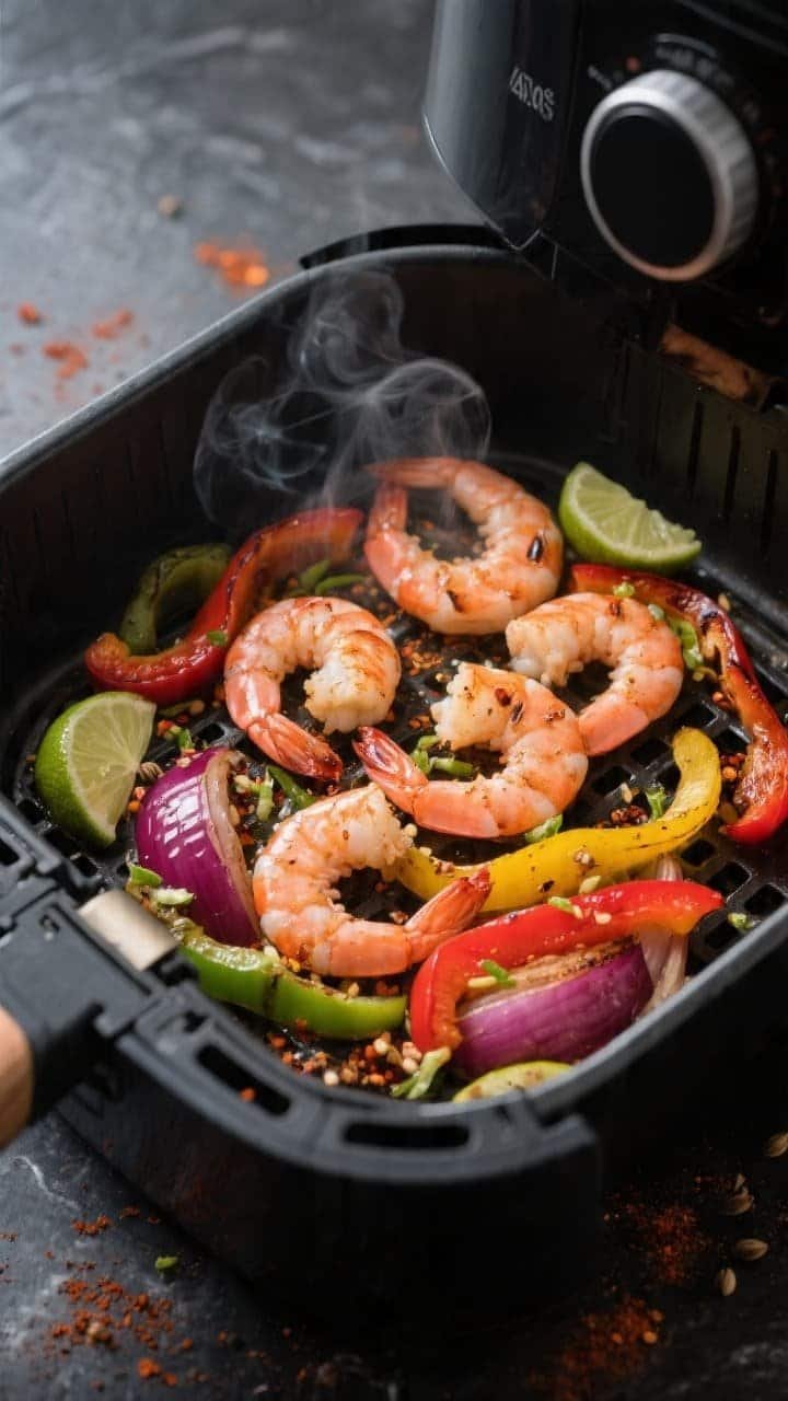 Overhead cooking process shot: Air fryer basket open at 400°F showing sizzling, fully cooked shrimp