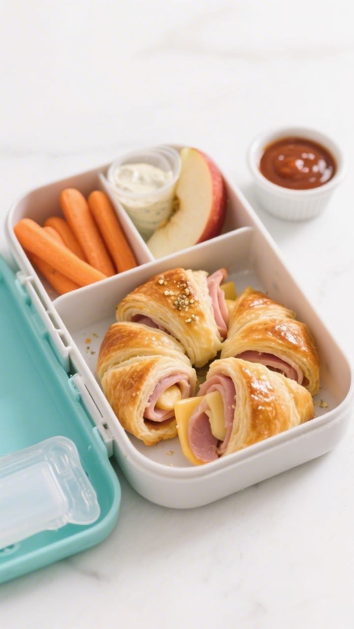 Overhead final-lunchbox presentation of sliced ham and Swiss crescent roll ups, puffed and deep gold