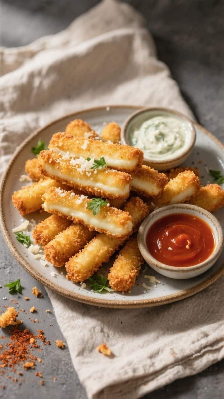 Overhead final presentation: a rustic ceramic plate piled with double-breaded mozzarella sticks arra