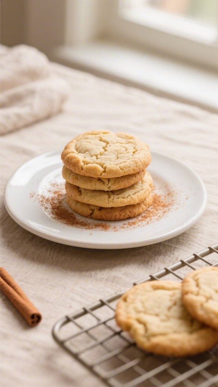Overhead final presentation: a small-batch plate of snickerdoodle cookies with soft, tender centers 