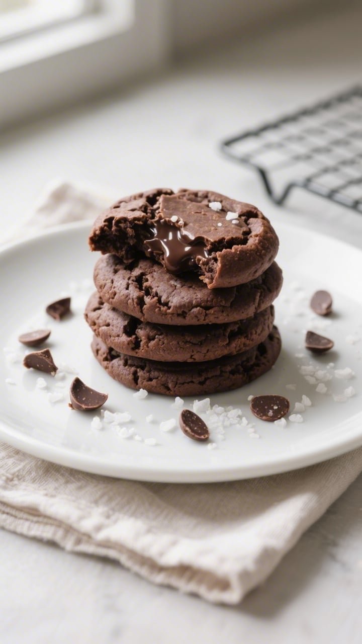 Overhead final presentation: a small-batch stack of air fryer double chocolate cookies on a matte wh