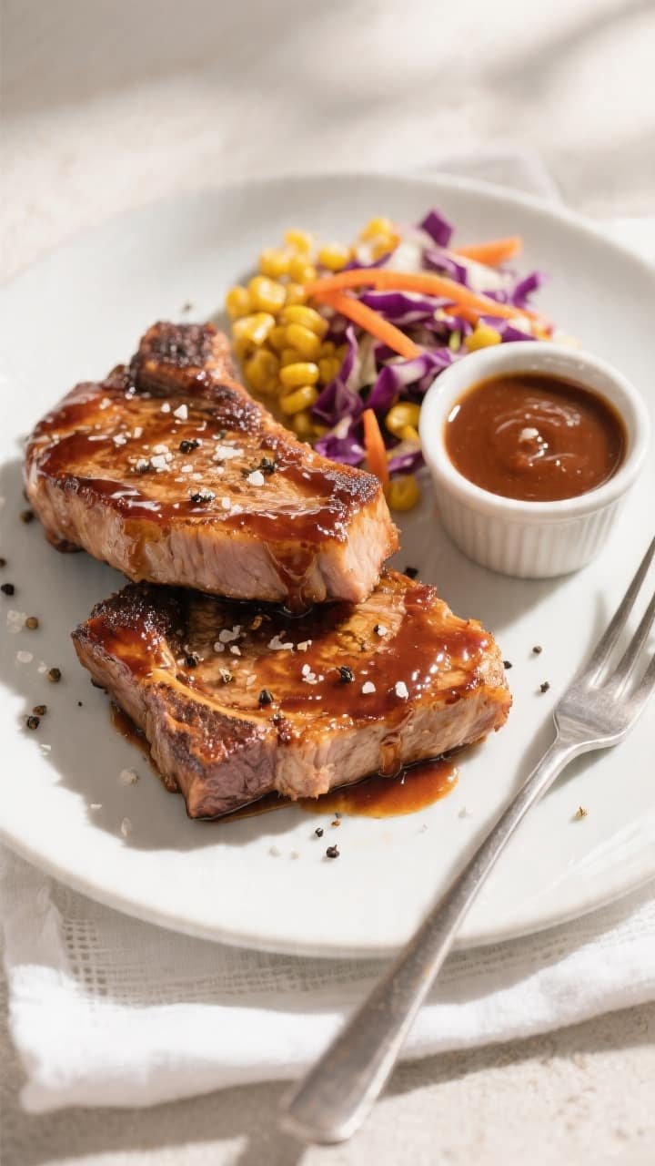 Overhead final presentation: beautifully plated Air Fryer BBQ Boneless Pork Chops on a matte white d