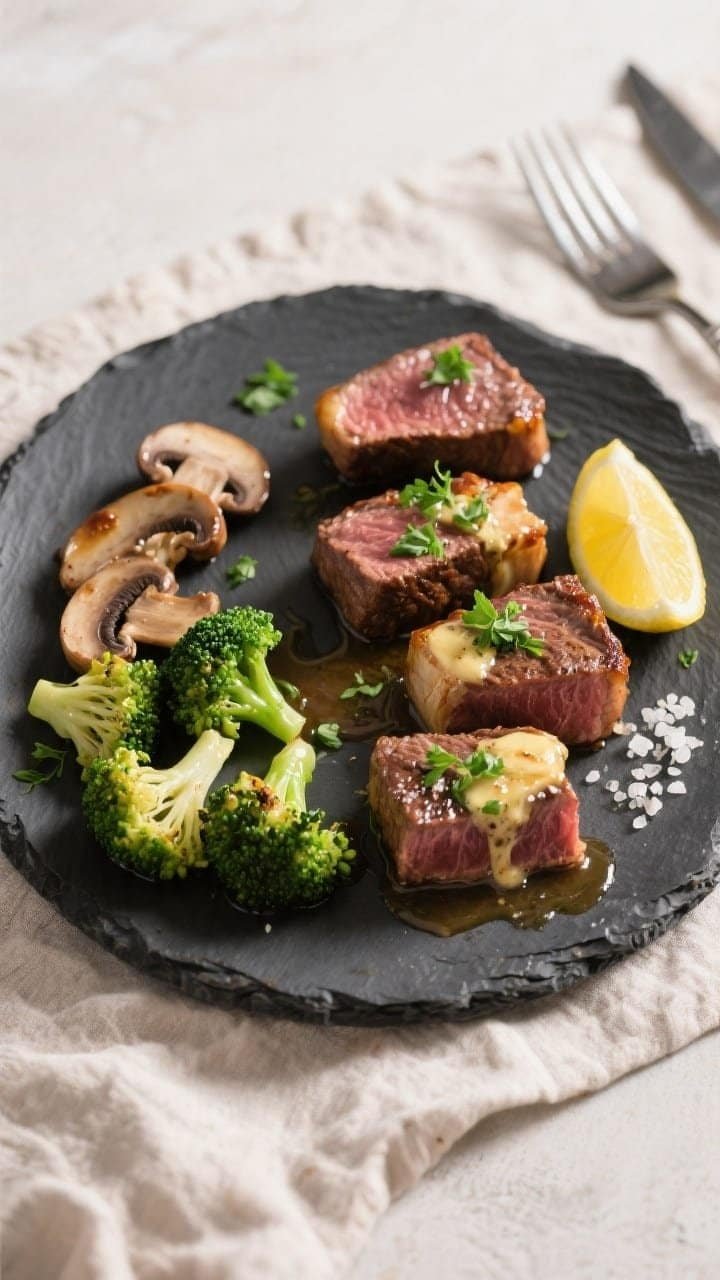 Overhead final presentation: Beautifully plated keto steak bites tossed in glossy garlic butter on a