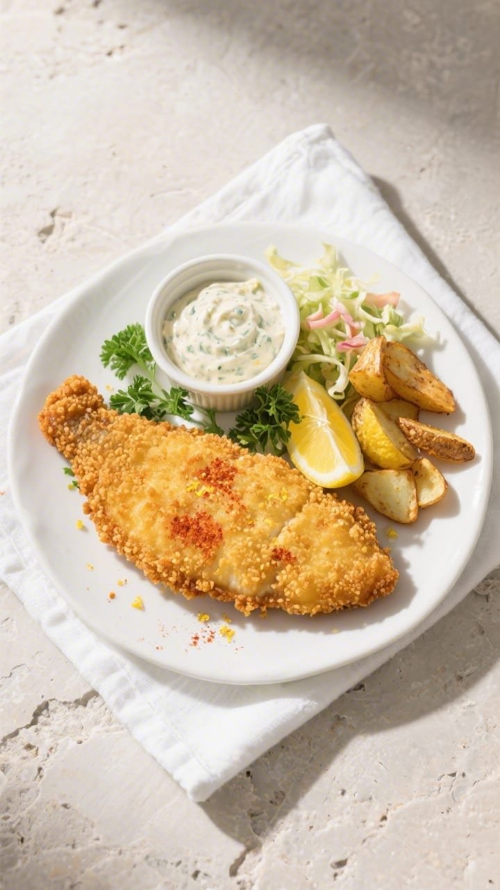 Overhead final presentation: Classic air fryer fried fish plated on a white ceramic plate with a sma