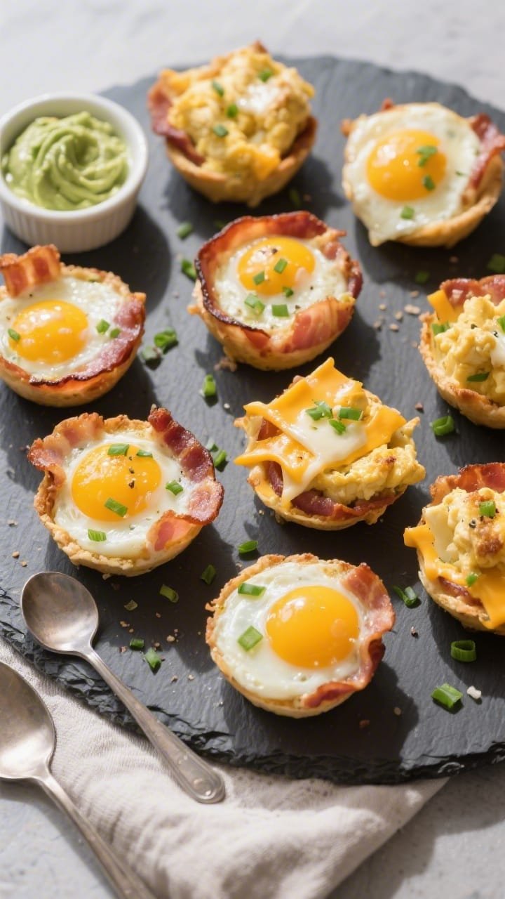Overhead final presentation: Eight air fryer keto bacon and egg cups arranged on a matte slate platt
