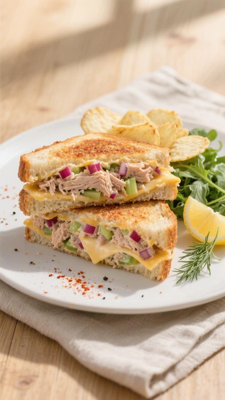 Overhead final presentation of a sliced air fryer tuna melt on a matte white plate: two diagonal hal