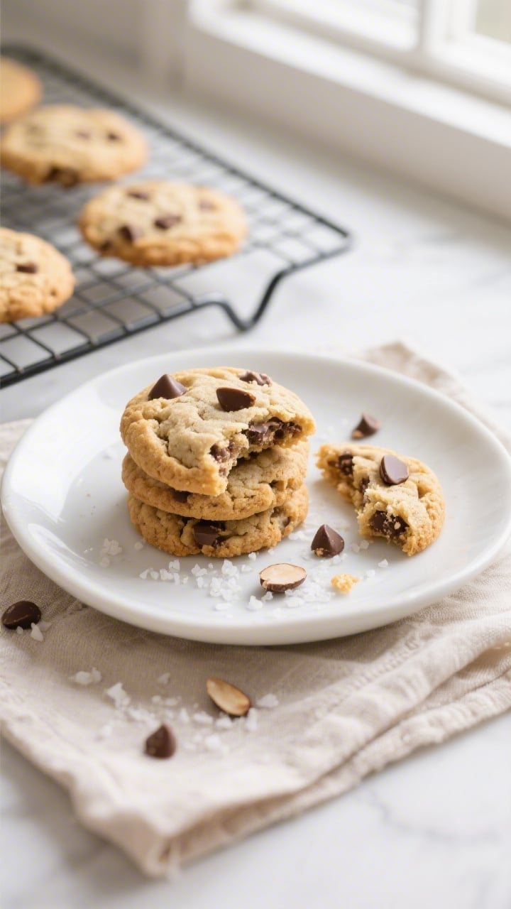 Overhead final presentation of a small stack of keto chocolate chip cookies on a white ceramic plate