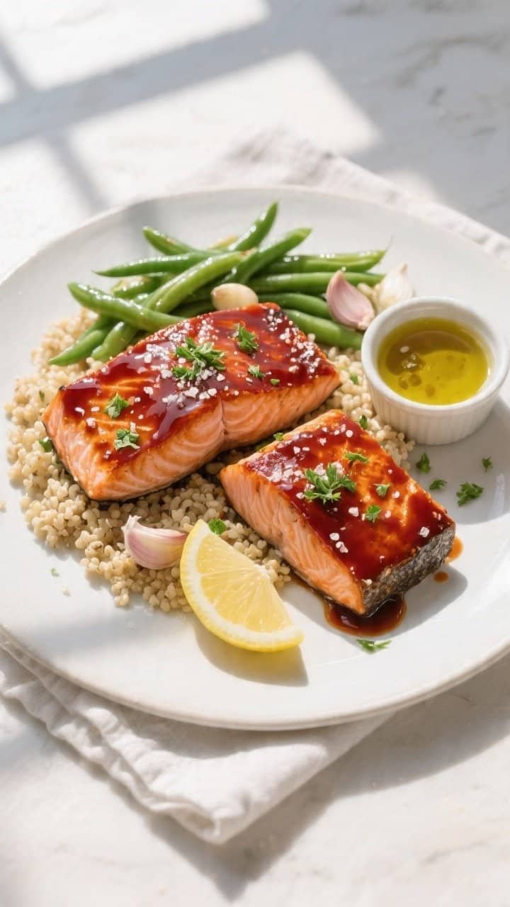 Overhead final presentation of Air Fryer BBQ Salmon: two glazed fillets with sticky, ruby-brown BBQ 