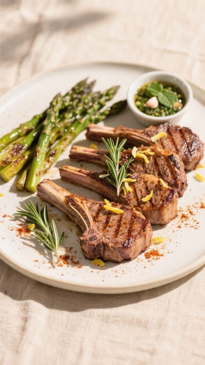 Overhead final presentation of air fryer keto lamb loin chops arranged in a single layer on a warm w
