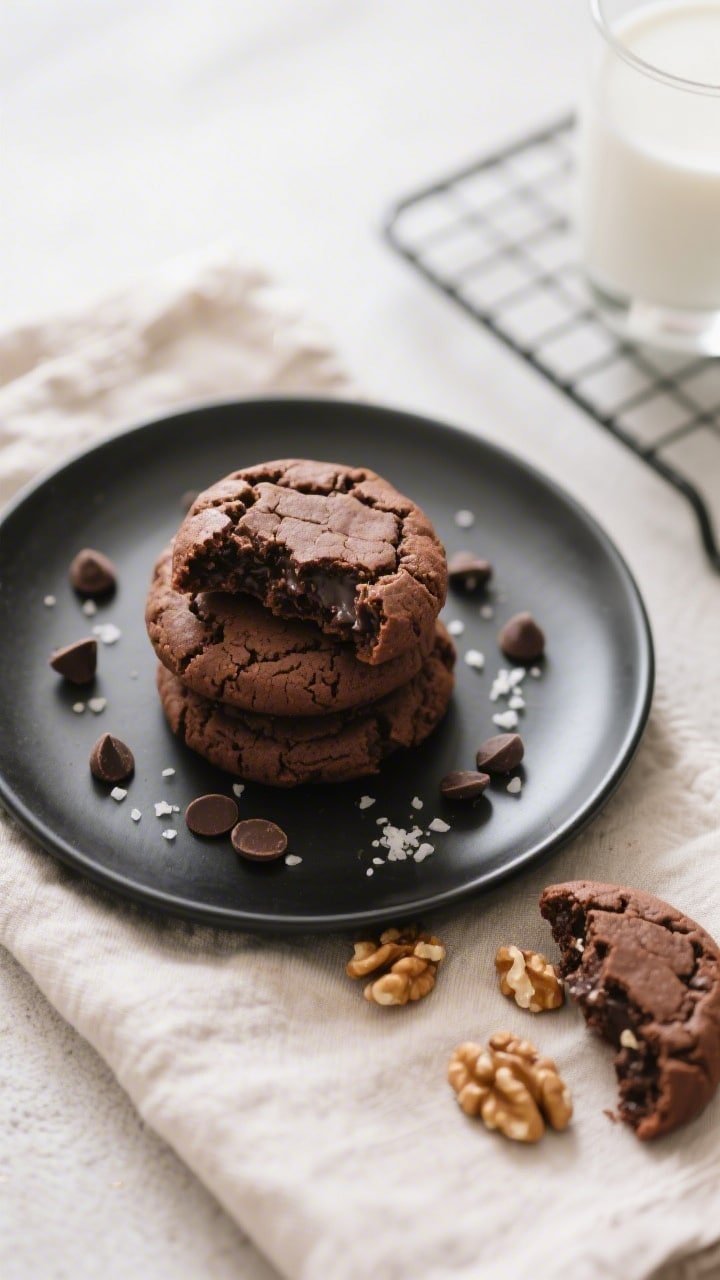 Overhead final presentation of brownie cookies on a matte black plate: a small stack of three cookie