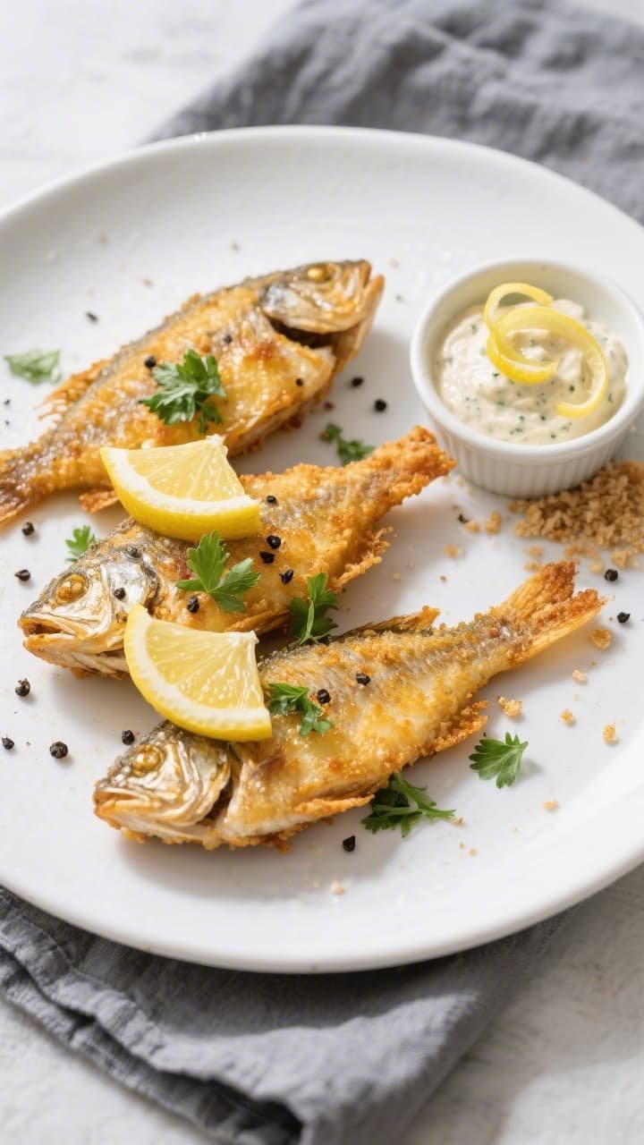 Overhead final presentation of Crispy Air Fryer Perch plated: three golden fillets stacked slightly,