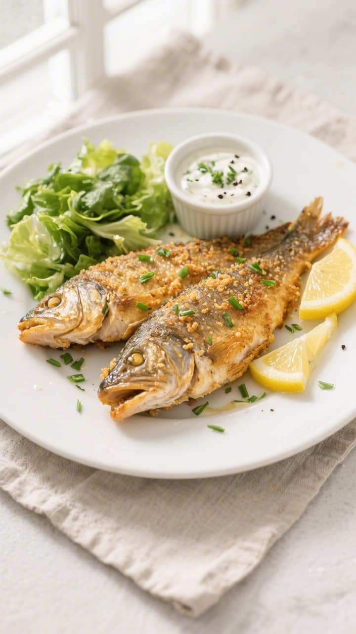 Overhead final presentation of Golden Air Fryer Walleye plated for serving: two fillets with evenly 