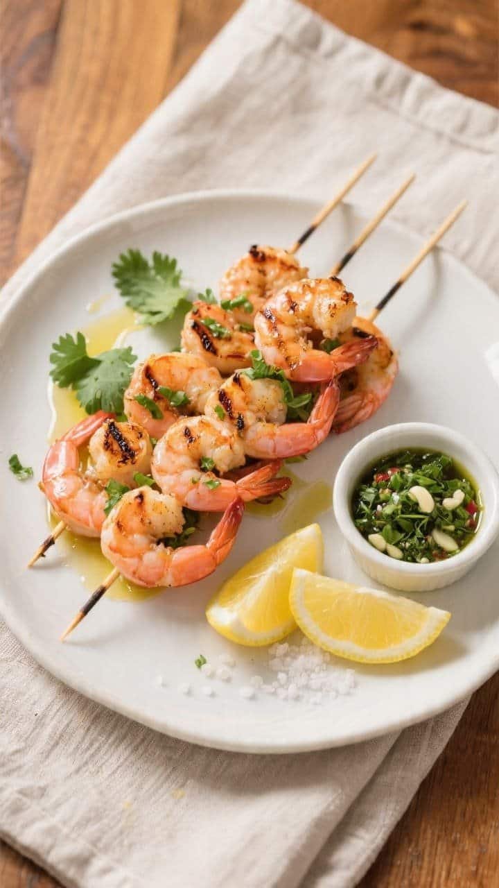 Overhead final presentation of grilled-style air fryer shrimp skewers on a white ceramic platter, ar