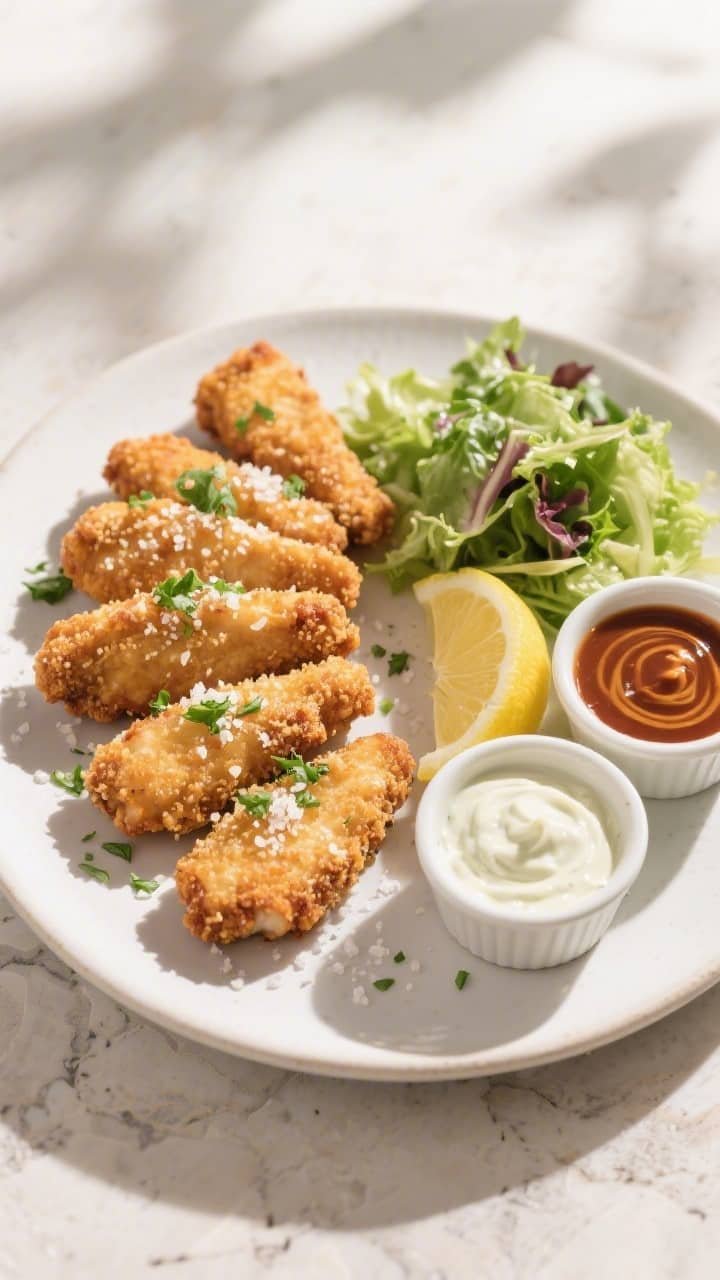 Overhead final presentation of keto chicken tenders arranged in a neat fan on a matte white plate, s