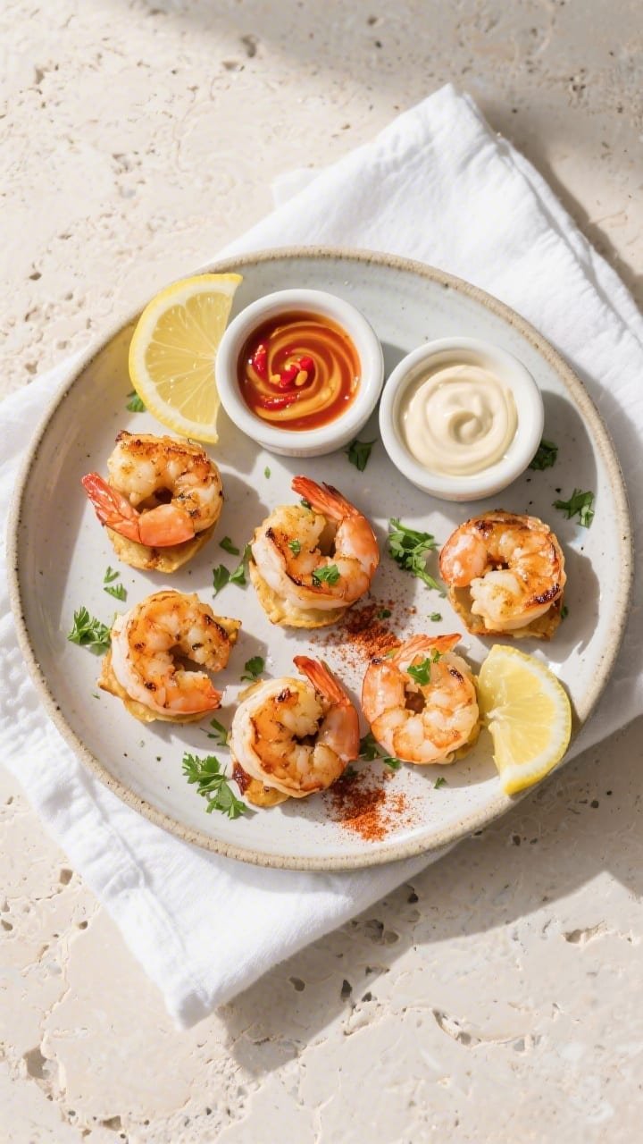 Overhead final presentation of shrimp bites on a ceramic platter with a small ramekin trio of dips (