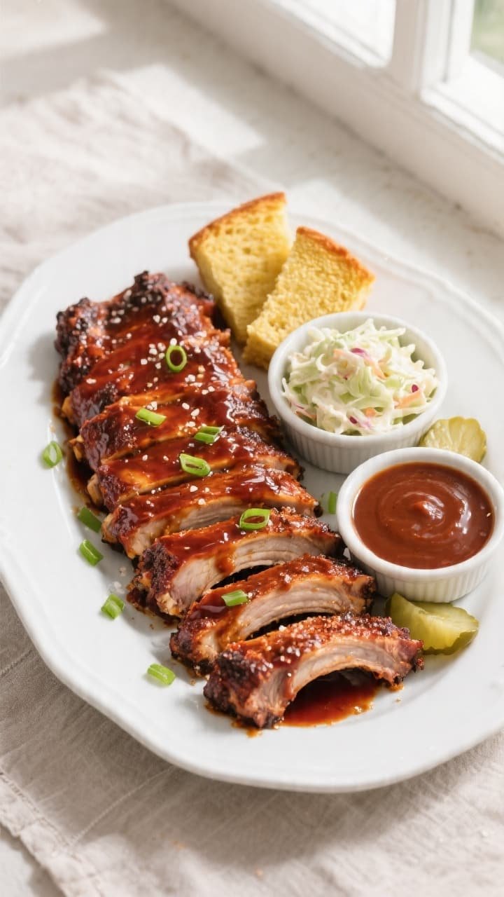 Overhead final presentation of sliced air fryer BBQ baby back ribs on a large white platter, bones s