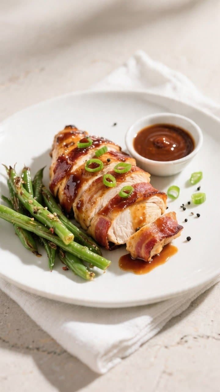 Overhead final presentation of sliced BBQ-glazed bacon-wrapped chicken breast fanned on a matte whit
