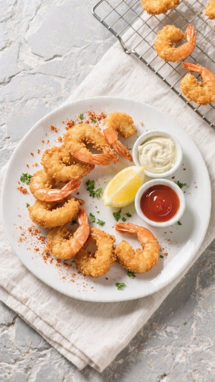 Overhead final presentation: Restaurant-quality plate of classic air-fried fried shrimp arranged in 