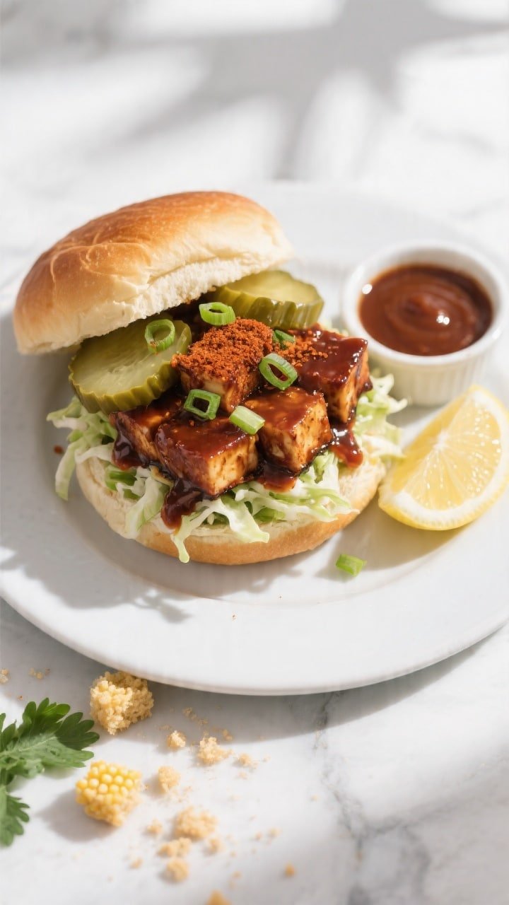 Overhead final presentation: saucy air fryer BBQ tofu piled on a toasted brioche bun with crunchy sl