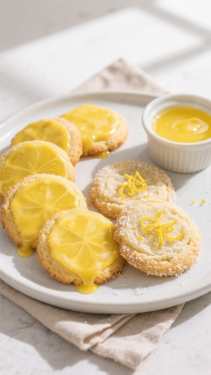 Overhead final presentation shot of air fryer lemon cookies arranged on a matte white plate, half gl