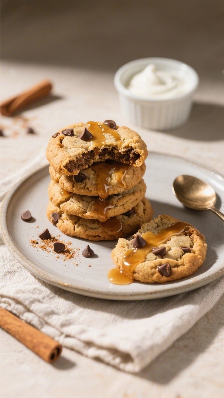 Overhead final presentation: Tasty of a small plate stack of air fryer protein cookies on a matte ce