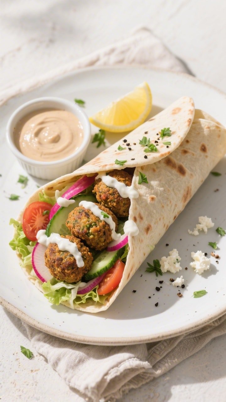 Overhead final wrap presentation: Healthy air fryer falafel wrap on a warm pita, neatly rolled and s