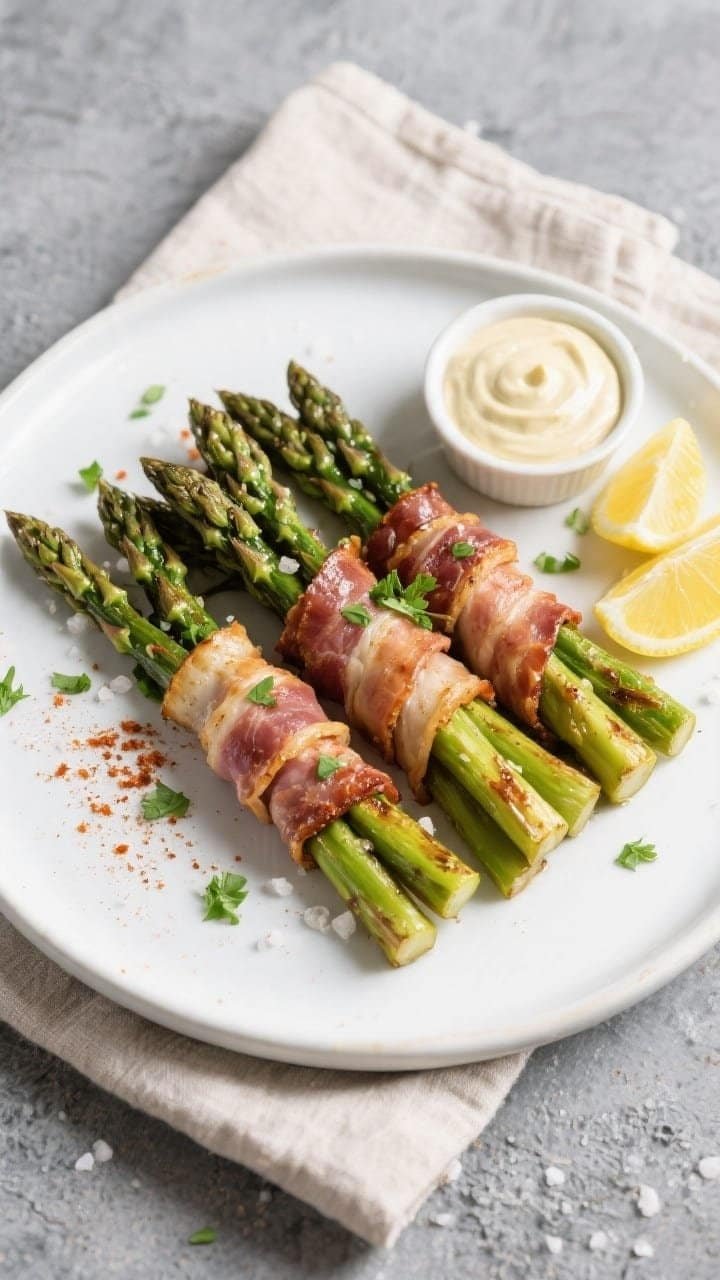 Overhead plated final dish: neatly arranged bundles of keto air fryer bacon-wrapped asparagus (3–5