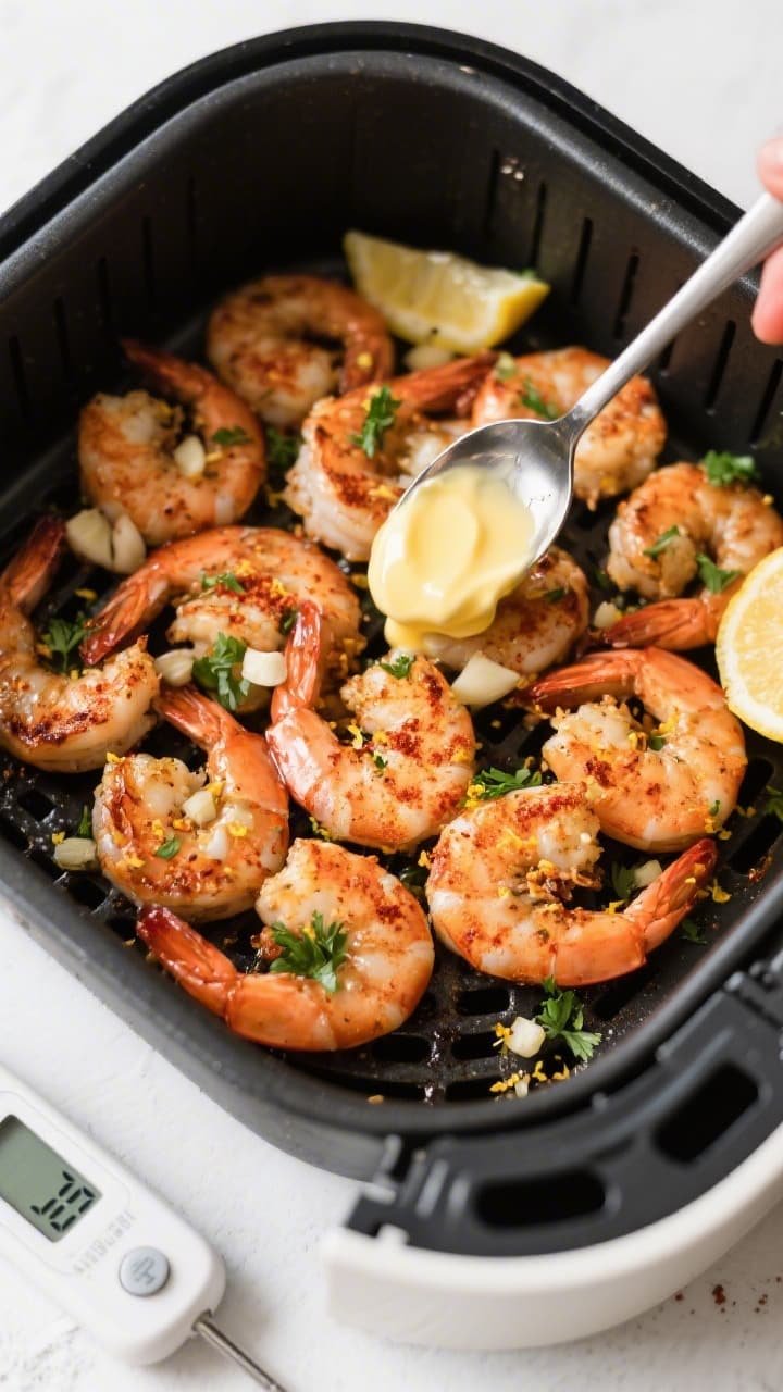 Overhead process shot of the cooked garlicky shrimp in the air fryer basket, arranged in a single la