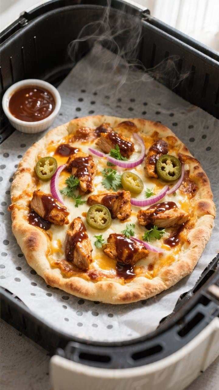 Overhead shot of an Air Fryer BBQ Chicken Flatbread just finished cooking in the air fryer basket: c