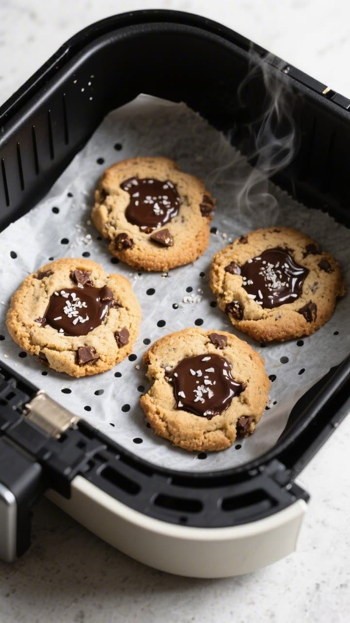 Overhead shot of freshly air-fried almond flour chocolate chip cookies resting in an open air fryer 
