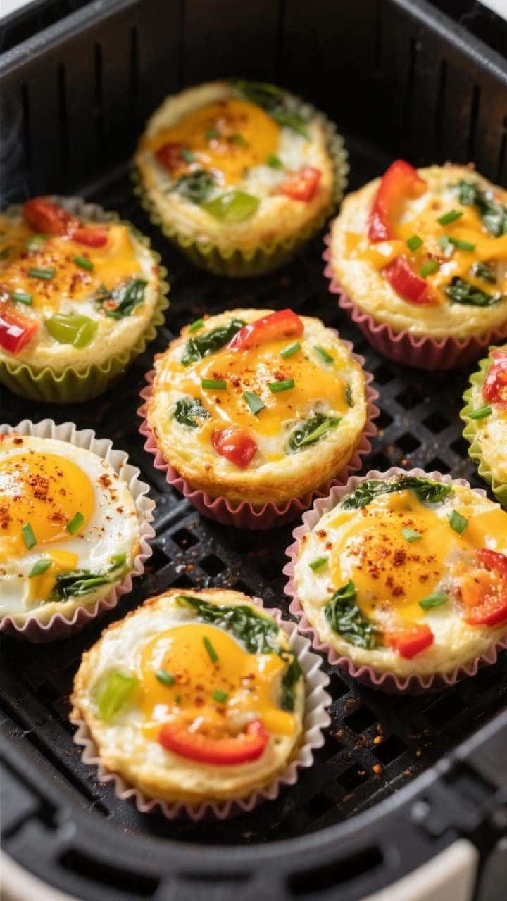 Overhead shot of freshly air-fried keto egg muffins resting in silicone cups inside an air fryer bas