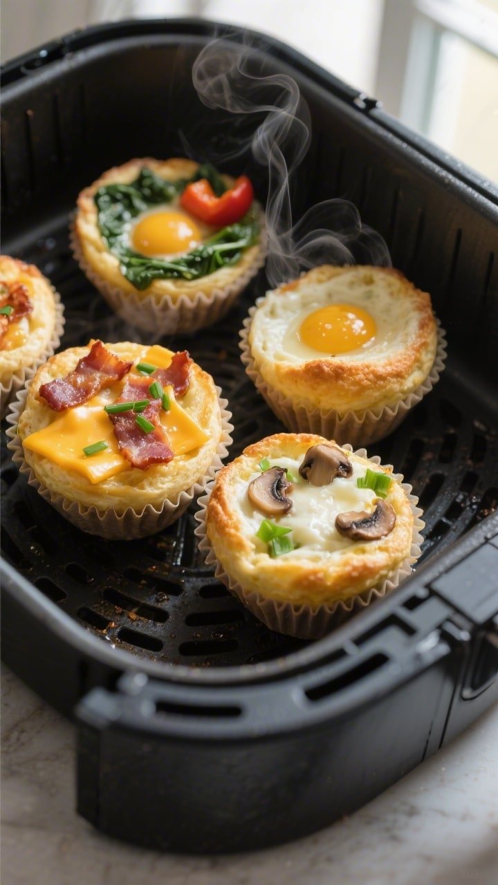 Overhead shot of freshly cooked air fryer egg muffins resting in silicone cups inside an air fryer b
