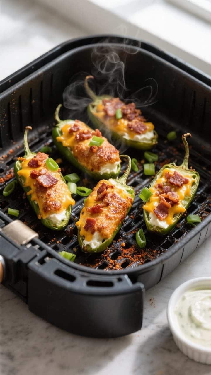 Overhead shot of keto air fryer jalapeño poppers just finished cooking in the air fryer basket, fil